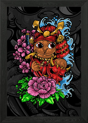 Samurai Katze Illustration gerahmtes Wandbild Poster Leinwanddruck Bild
