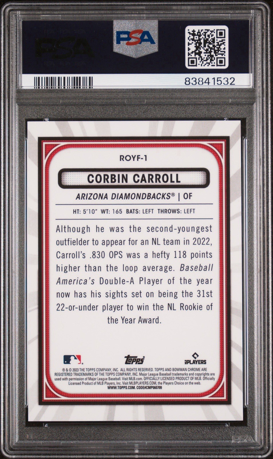 2023 Bowman Chrome ROY Fav Atomic REF #ROYF1 Corbin Carroll RC PSA 9 MINT 78/150 view 2