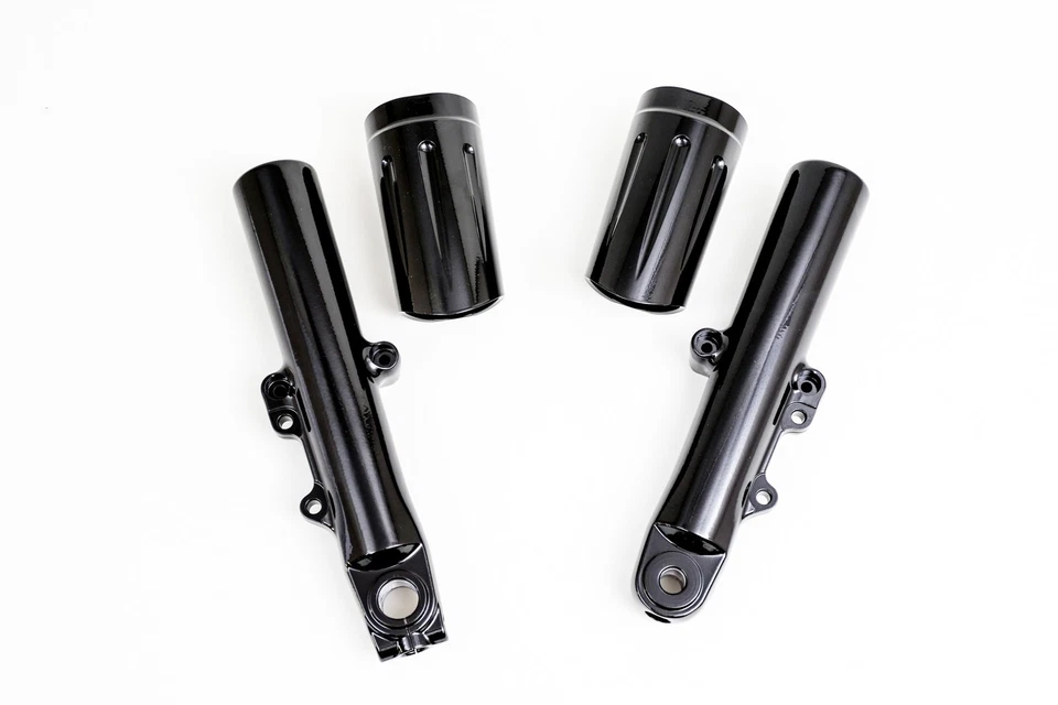 原始设备制造商 Harley 14–25 49 毫米分叉器/罐子 — 粉末涂层光泽黑色 — 适合 FLH/T — 第 3/4 张图片