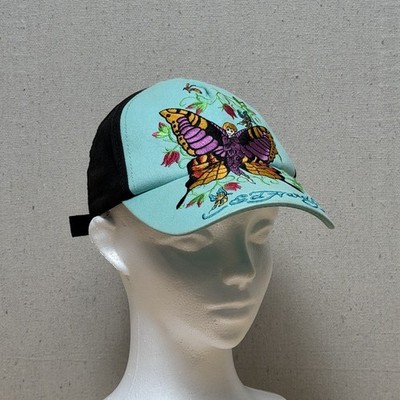 Ed Hardy Trucker Hat Kids Butterfly Fairy Embroidered Y2K Blue Cap