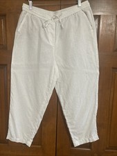 Talbots White 100 Linen Elastic Waist Pull On Cropped Pants Women  s Size 14