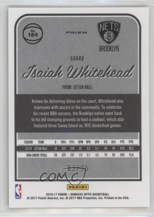 2016-17 Panini Donruss Optic Aqua Prizm /25 Isaiah Whitehead #184 Rookie RC - Image 2 of 2
