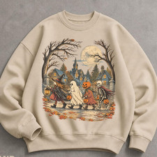 Vintage Gothic Halloween Sweatshirt Skeleton Ghost Retro Crewneck