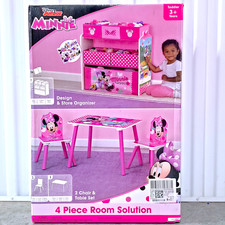 Minnie Mouse 4 Pcs Wood Toddler Playroom Set   Table, 2 Chairs  Toy 6 Bin, Pink