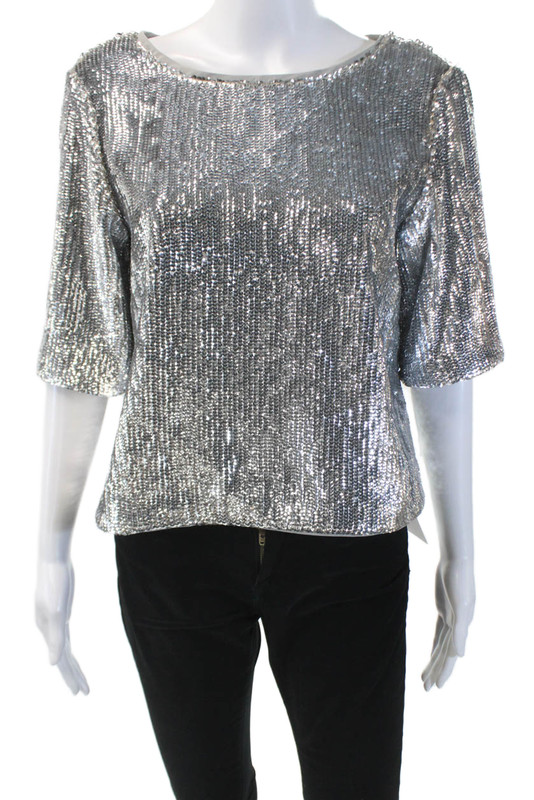 J Crew Womens Sequined Short Sleeves Tie Back Cropped Blouse Silver Size 2