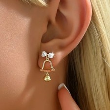 Gold Tone Bell Earrings Rhinestone Bow Holiday Christmas Dangle Gift Jewelry