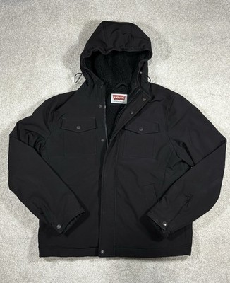 LEVI'S Mens Med Black Soft Shell Sherpa Lined Full Zip Snap Pocket Hooded Jacket