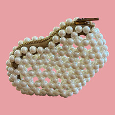 White Faux Pearl Beaded Mini Rectangle Zip Clutch Gold Hardware w/ Pouch