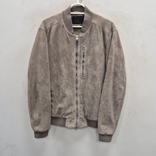 AllSaints Kemble Suede Bomber Jacket Mens L Grey Leather Zip Pockets Lined