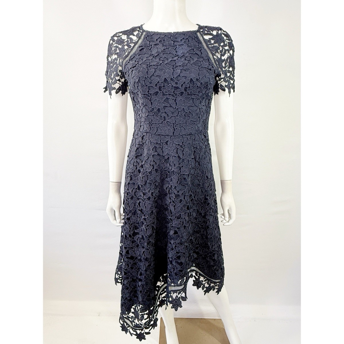 lace asymmetric cocktail dress eliza j Navy Blue Midi Size 2 Formal Asymmetrical Hem Short Sleeve Sleeveless A-Line Dress, Blue-Printed, status_Core_US Pick a Color:Sky Blue Alluring lace adds sultry
