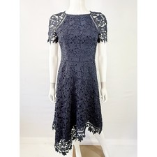 Eliza J Navy Blue Lace Midi Dress Size 2 Formal Asymmetrical Hem Short Sleeve