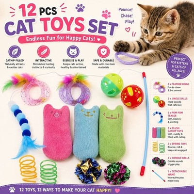 Speedy Panther 12-teiliges Katzenspielzeug Set - Interaktives Kätzchenspielzeug mit Katzenminze, Feathe