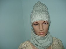 Hand knitted Cable knit hat/cowl set100 Merino Wool Women's/Kids mint color NEW