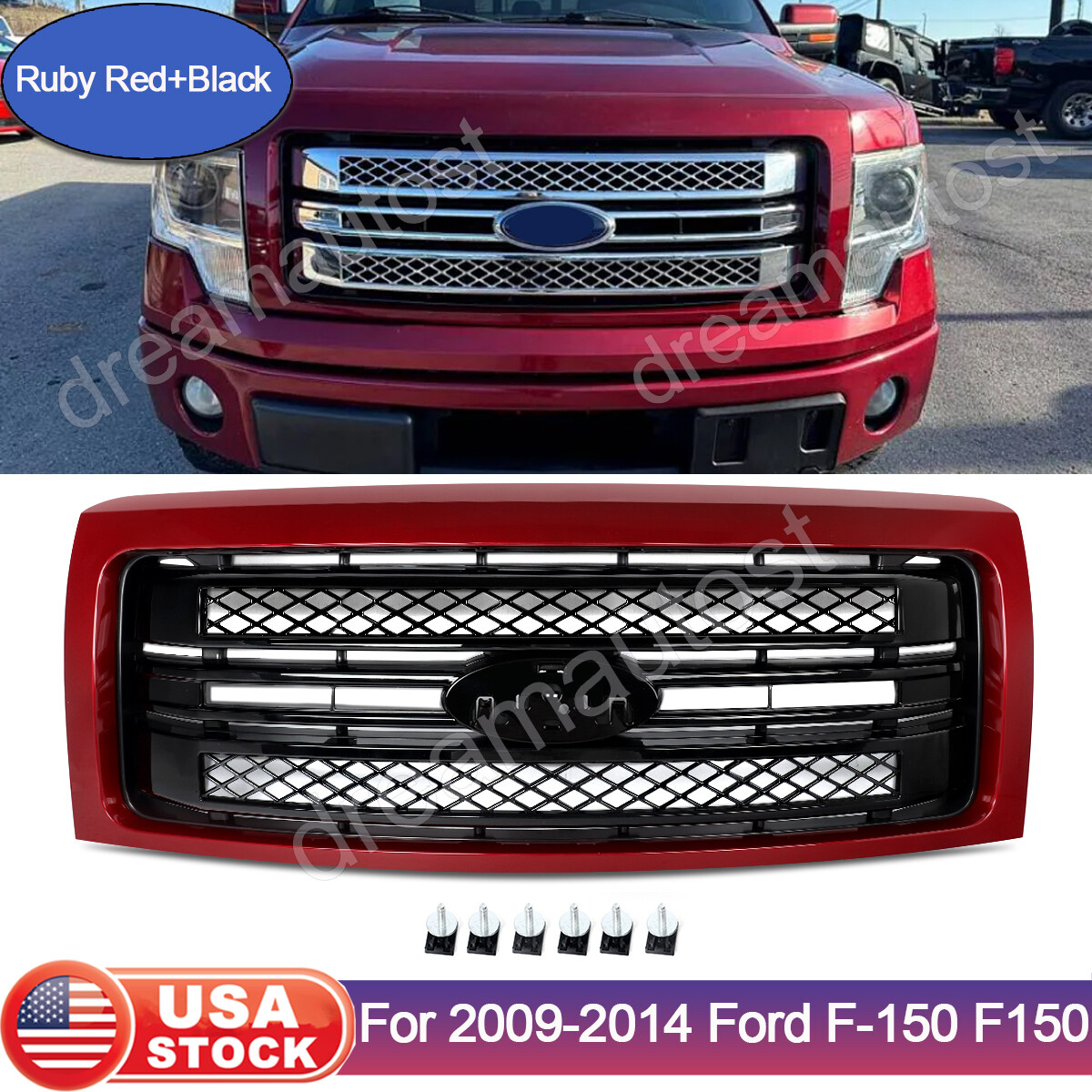 For 2009-2014 Ford F150 F-150 Front Grill Ruby Red+Black Platinum Style Grille