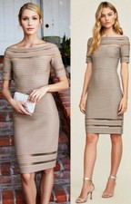 Tadashi Shoji Kelly Off Shoulder Illusion Pintuck Jersey Pumice Dress M L XL