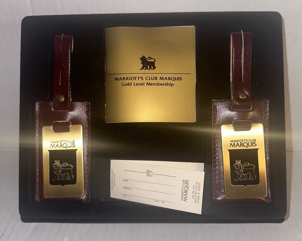vintage MARRIOTT Hotel CLUB MARQUIS premium leather metal luggage tags