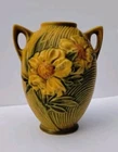 Vtg 30s ROSEVILLE vase PEONY art pottery deco YELLOW Double handles floral 58-6