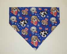 4TH OF JULY PATRIOTIC DOGS FACES ON ROYAL BLUE DOG SCARF/BANDANA--S, M, L