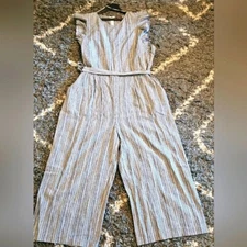 Vince Camuto Striped Jumpsuit Ruffle Sleeve Wide Leg Belted Blue Gray Size S