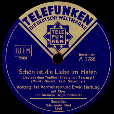 ISA VERMEHREN & HARTUNG Schön ist die Liebe im Hafen 78rpm Schellackplatte S8234