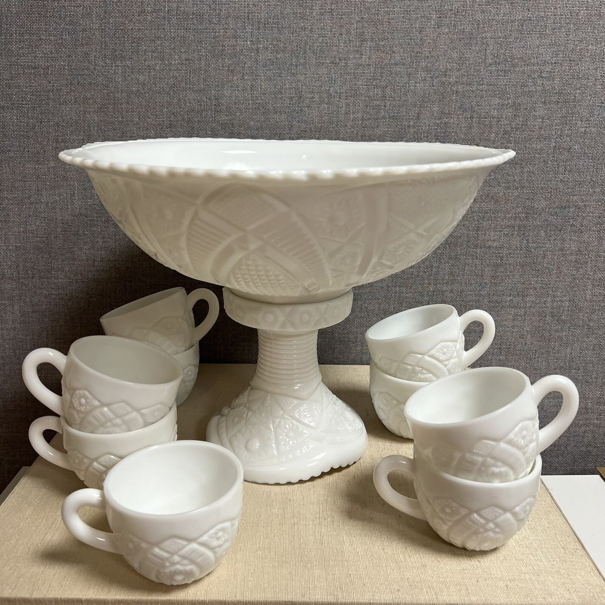Vintage McKee Milk Glass Pedestal Concord Punch Bowl And Cup Set 