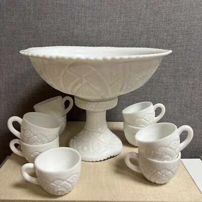 Vintage McKee Milk Glass Pedestal Concord Punch Bowl And Cup Set Vintage McKee Milk Glass Pedestal Concord Punch Bowl And Cup Set