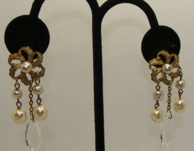 Miriam Haskell Signed Vintage Earrings Pearls Crystal Dangle
