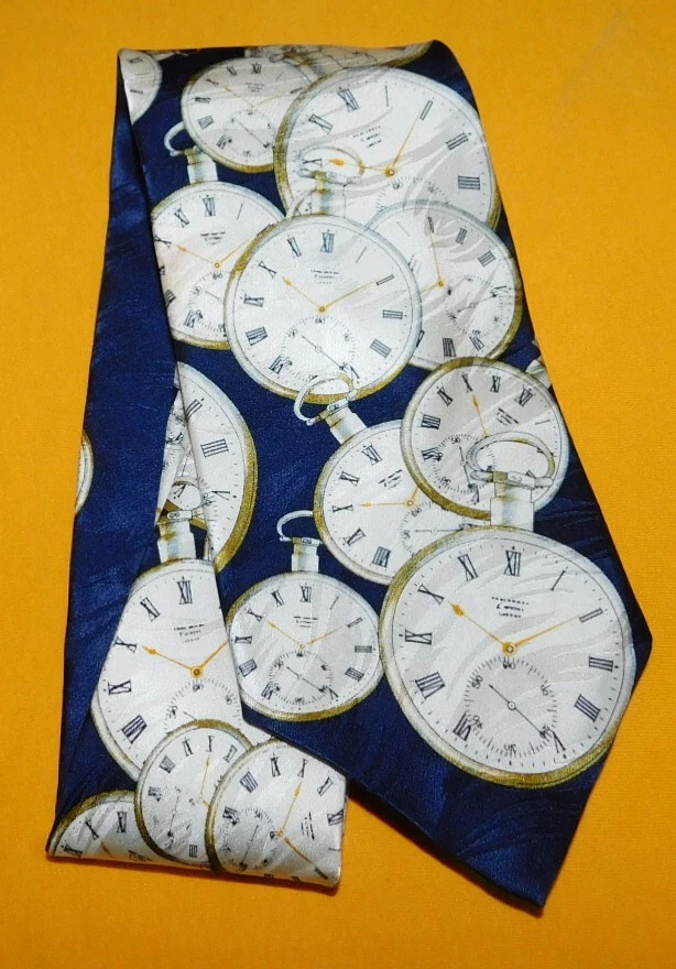 MUSEUM ARTIFACTS BLUE/WHITE POCKET WATCH MOTIF EXTRA LONG TIE - DESIGNER TIES. - Image 2 of 3