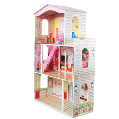 Large Wooden Dolls Doll House 3 Level Kids Pretend Play Toys Full Furniture Pink - Picture 3 of 9