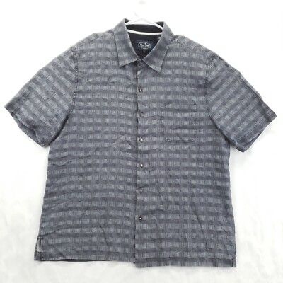 Nat Nast Luxury Originals Shirt Mens Large Gray Plaid 100% Linen Short Sleeve
