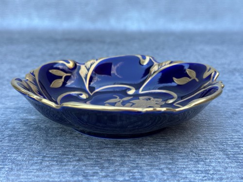 ECHT KOBALT BOWL J.L. MENAU COBALT BLUE GOLD LEAF VICTORIAN FLORAL VINE DESIGNS - Picture 8 of 10