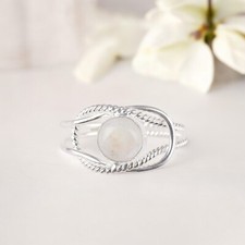 8MM Round Shape Rainbow Moonstone Natural Gemstone 925 Sterling Silver Ring.