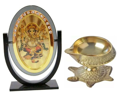Lord Ganesha/Ganesh Idol in Black Rotational Stand and Brass Diya Kuber