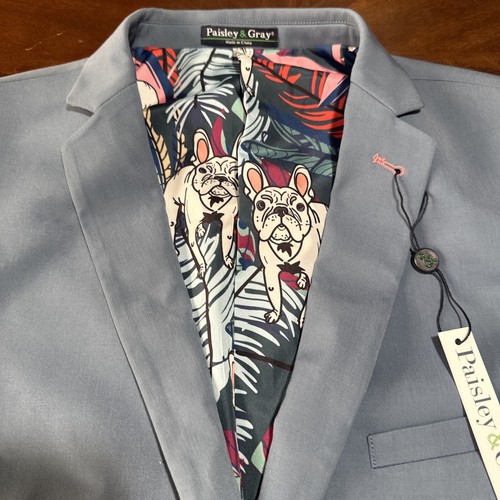Paisley And Grey Light Blue Blazer Jacket 42r Slim Fit French Bulldog Liner - Picture 2 of 13