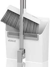JOYMOOP White Broom and Dustpan Set, Upright Stand Up Broom with Built-in Comb