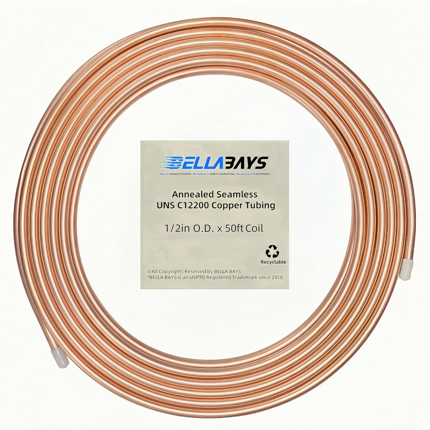 Copper Tubing 1/2" OD X 0.445" ID X 50 Ft, 99.9% C12200 ASTM B280 Refrigeration