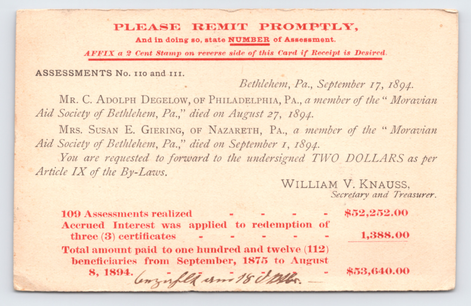 1894 Moravian Aid Society Postal Card Bethlehem Pa Funeral Assessment Notice