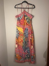 Farm Rio Tapestry Print Sleeveless Halter Midi Wrap Dress Leopard Tropical L