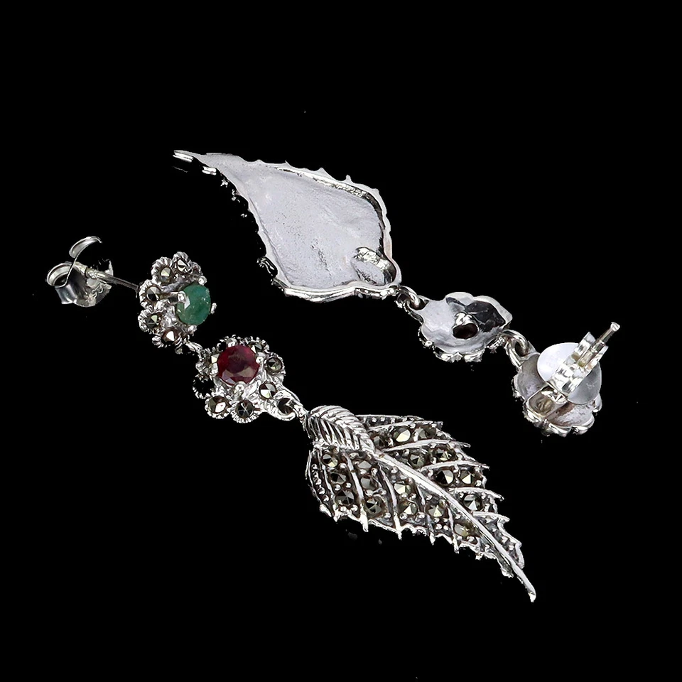 925 Sterling Silver Earrings Round Emerald Ruby Marcasite Gemstone Jewelry - Image 3 of 4