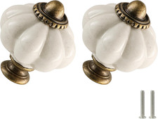 Antique White Pumpkin Knobs 6 Pack Ceramic Cabinet Knobs Vintage Drawer Pulls -