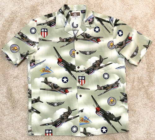 Kalaheo Hawaiian Shirt  WW2 Flying Tiger Fighter Planes & Patches - Size M