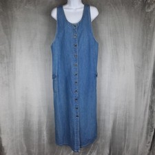 Vtg Denim Maxi Dress Button Front Jumper Cargo Pockets Sz Medium 90s Y2K Acubi