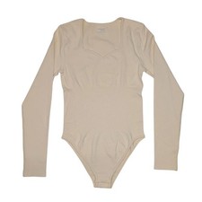 OQQ Women's Long Sleeve Bodysuit Cream Sweetheart Neckline Ribbed Waist