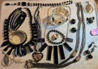 Vintage Modern Black Gold Tone Jewelry Lot 15 PCS Unsigned LizC VCLN Costume Mix