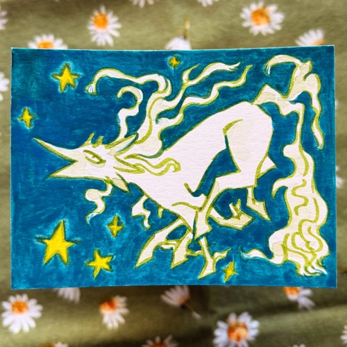 ACEO Original Magical Unicorn Horse Mythical Creature Celestial 3.5x2.5"