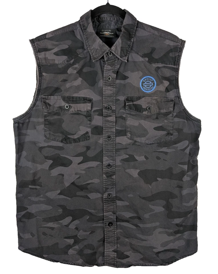 Harley-Davidson Shirt Mens L Black Gray Camo Sleeveless Button Down Motorcycle - Image 2 of 4