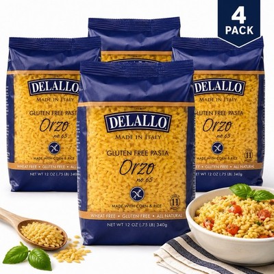 DeLallo Gluten Free Orzo Pasta 12 oz (Pack of 4) Corn & Rice Made in Italy