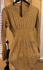 Womens Cable Knit Sweater Dress Small Tan Camel V Neck Cinched Waist Long Sleeve