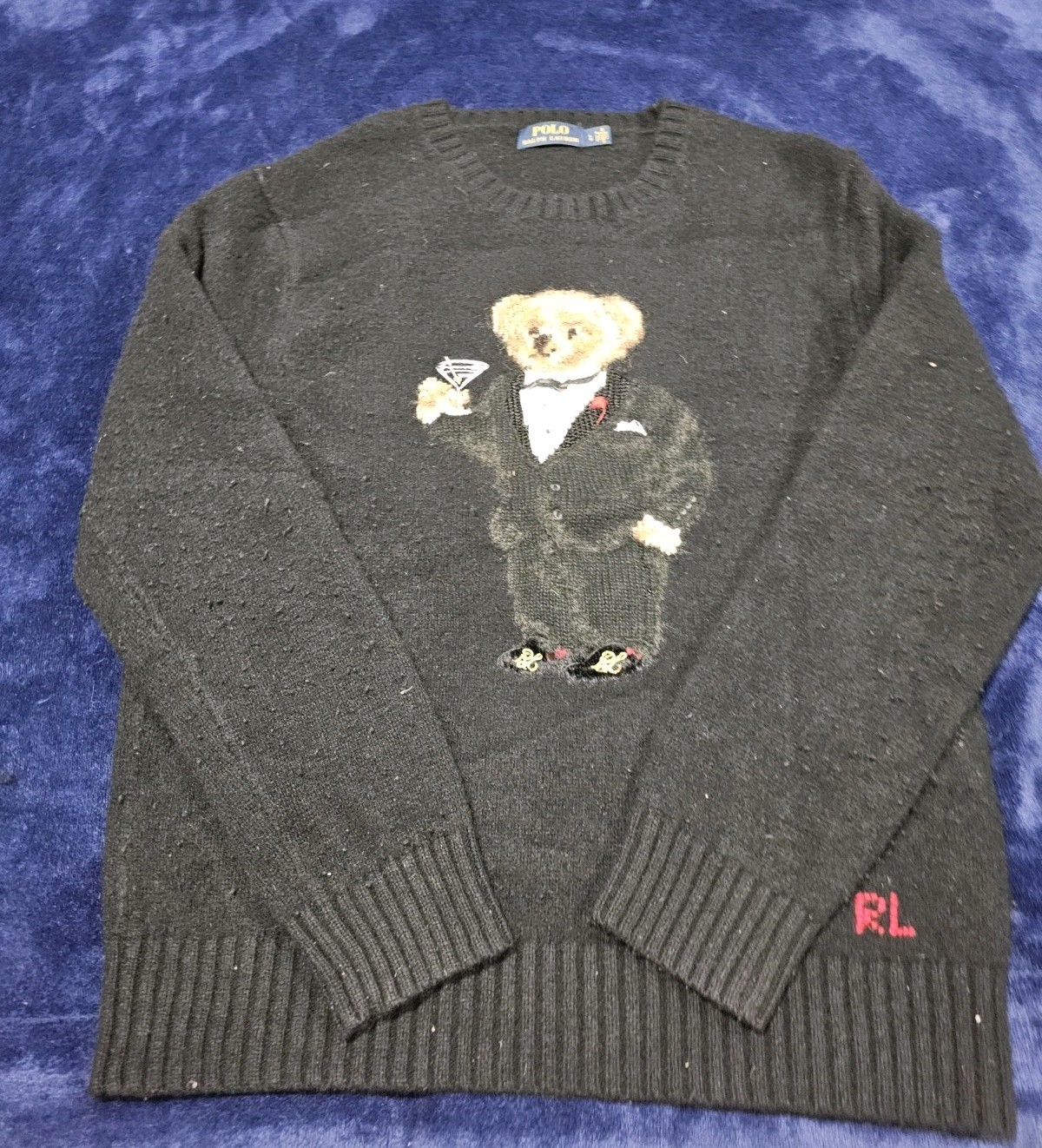 Polo Ralph Lauren Martini Tuxedo Bear Crew Neck Sweater 100% Wool Size Large thumbnail 2