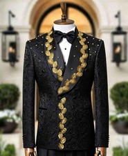 Men Luxe Embroidered Suit Gold Leaf Floral Tuxedo Jacket For Wedding Formal